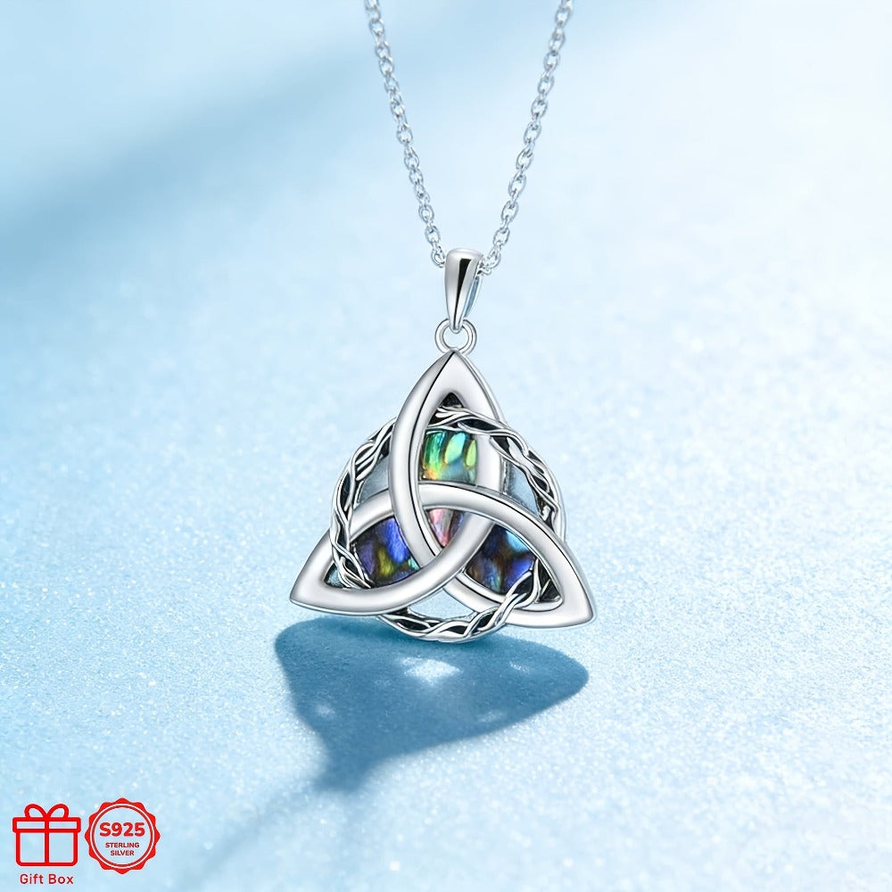 Collar de plata de ley 925 con nudo celta triquetra y concha de abulón, colgante irlandés de la suerte retro, joyería elegante de uso diario para mujer, accesorio de moda clásico