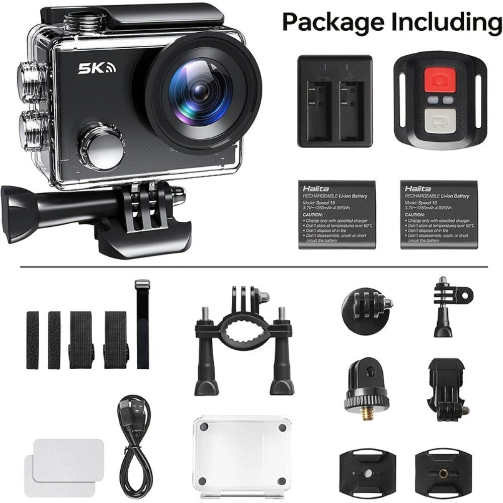 Cámara de Acción 5K Ultra HD, Fotos de 24MP, Pantalla IPS de 2 pulgadas, Con WiFi, Control Remoto por App, Batería de Polímero de Litio de 1350mAh, Modo de Alimentación Dual, Cuerpo de ABS, Con Funda Para Deportes, Vlogging y Grabación de Aventuras
