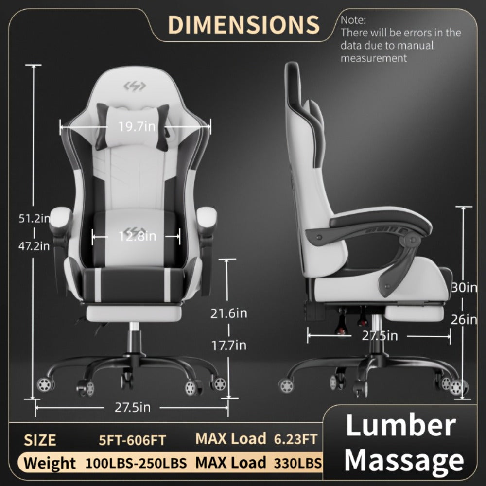 Silla Gaming con Masaje Lumbar Incorporado, Diseño Ergonómico Soporte Lumbar Ajustable y Reposacabezas, Silla de Computadora Giratoria de 360 Grados Reclinable para Oficina, Ideal para Juegos/Trabajo de Larga Duración