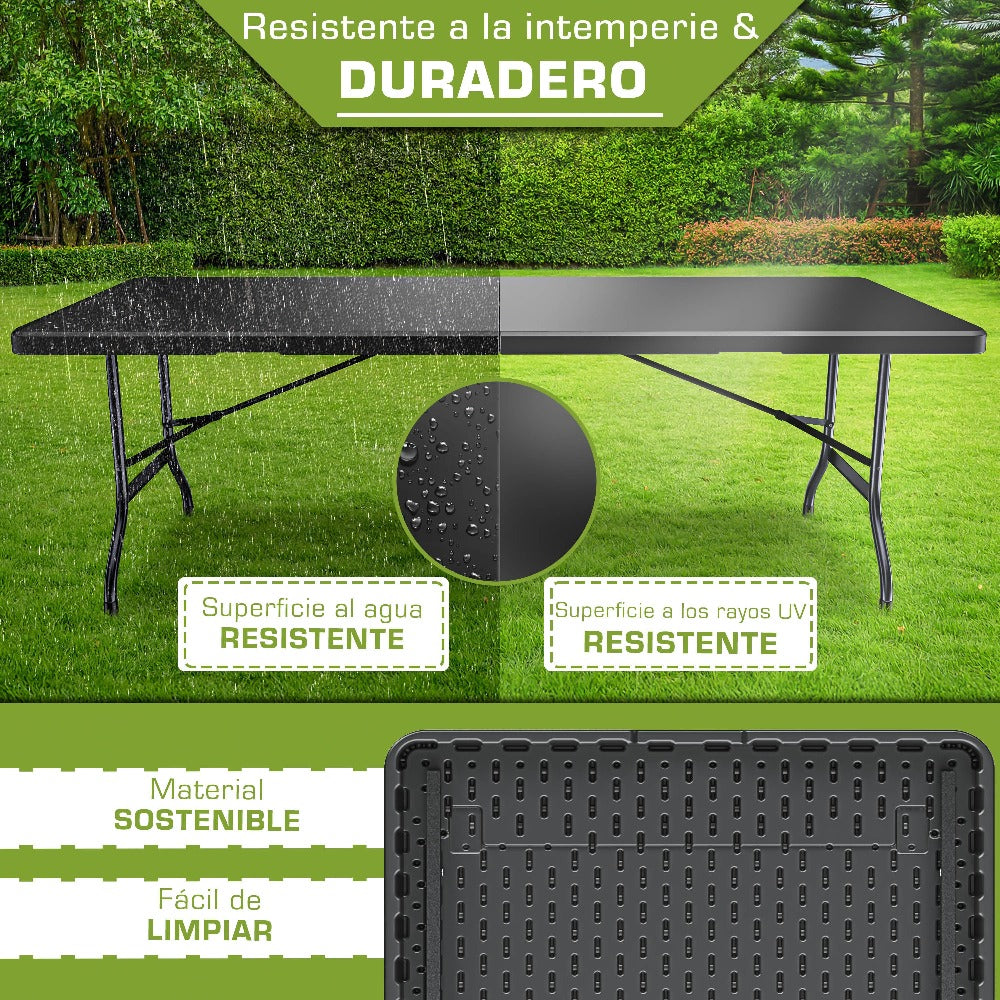 tillvex® Mesa de jardín plegable 180x75cm, resistente a la intemperie | Mesa de camping y buffet de plástico con asa | Para jardín, terraza, camping, balcón, 6 personas, negro