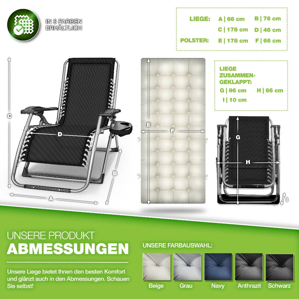 Tillvex® Tumbona Reclinable Plegable hasta 200Kg, Sillón de Sol para Jardín Exterior, Resistente a la Intemperie para Balcón, Jardín y Terraza, Ajustable con Acolchado Grueso, Reclinable, Extra Ancha, con Soporte para Bebidas