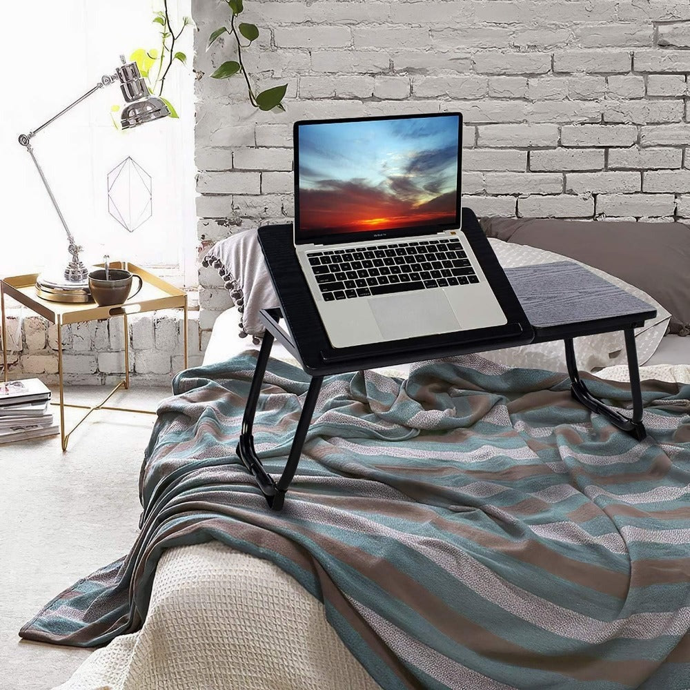 Mesa plegable para cama y sofá con altura ajustable de 5 niveles, bandeja con superficie ajustable y portavasos, mesa pequeña multifunción para ordenador, libros, trabajo y estudio en casa (56x32x25cm)