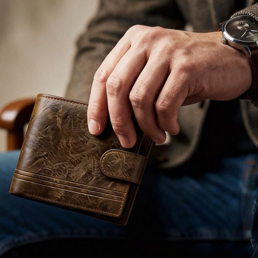 Cartera corta de cuero desgastado retro elegante para hombre – Monedero con cierre a presión y ventana para identificación para desplazamientos diarios, reuniones de negocios y salidas informales