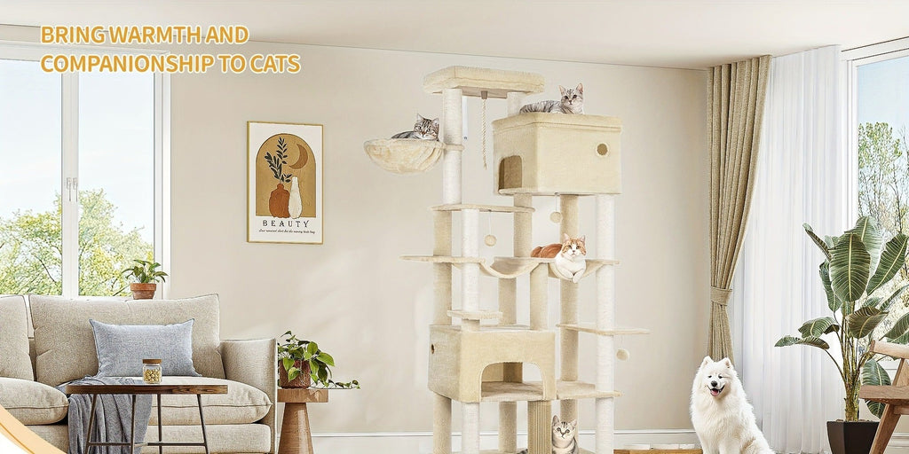 Poste Rascador para Gatos 200cm XXL, Incluye 10 Postes Rascadores, 2 Camas para Gatos, 2 Hamacas, Plataforma Grande, Cepillo para Gatos, Cesta, Árbol para Gatos de Alta Resistencia, Adecuado para Maine Coons y Gatos Grandes, Gris Claro, Gris Oscuro, Beige