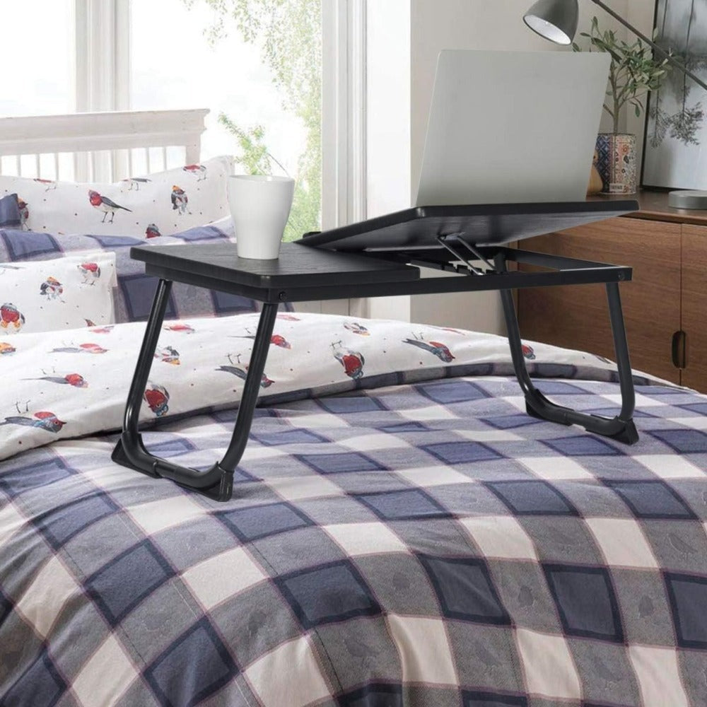 Mesa plegable para cama y sofá con altura ajustable de 5 niveles, bandeja con superficie ajustable y portavasos, mesa pequeña multifunción para ordenador, libros, trabajo y estudio en casa (56x32x25cm)