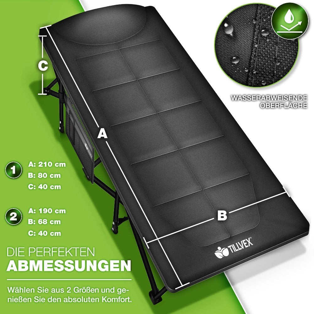 Tillvex® Cama Plegable para Camping con Bolsa de Transporte, Soporta Hasta 200 kg, Cama Extra Ancha para Camping, Cama de Campaña, Cama de Pesca para Uso en Exteriores e Interiores, Cama Plegable para Invitados, Portátil para Jardín, Camping, Pesca, Festi