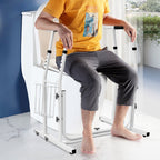 Soporte de baño móvil, ayuda de pie, ajustable en altura, con cesta de almacenamiento, barra de sujeción de baño, blanco