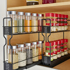 1 pza. Estante extraíble para especias de cocina con doble deslizamiento en color negro - Almacenamiento de especias que ahorra espacio con estante multiusos para encimera y armario - Amplía el almacenamiento con doble capa y elegante acabado en negro