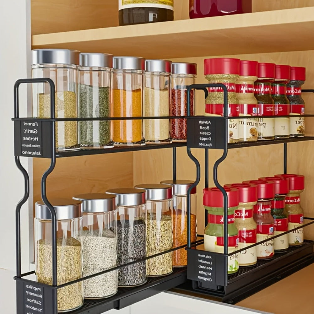 1 pza. Estante extraíble para especias de cocina con doble deslizamiento en color negro - Almacenamiento de especias que ahorra espacio con estante multiusos para encimera y armario - Amplía el almacenamiento con doble capa y elegante acabado en negro