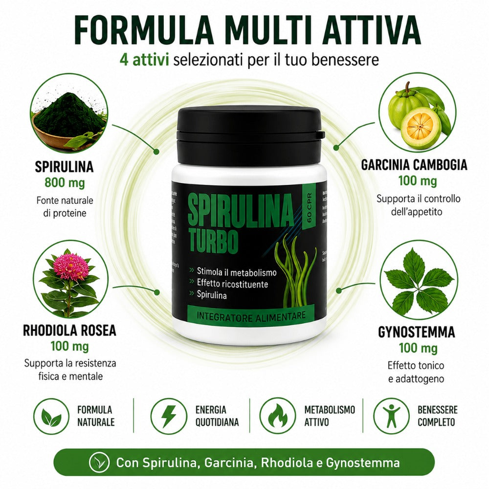 Spirulina Turbo – Suplemento Dietético a Base de Espirulina – 60 Tabletas Veganas de 500 mg – Apoyo para la Rutina Diaria y el Bienestar