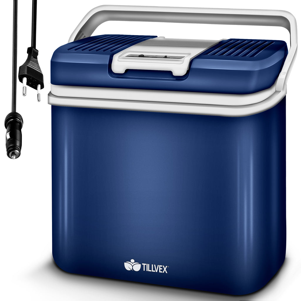 Tillvex® Caja Enfriadora Eléctrica 24L | Mini Nevera 230V & 12V para Coche, Auto, Camping | Caja Térmica Aislada para Enfriar y Calentar | Caja Calentadora con Asa de Transporte y Modo ECO TVKB24-01