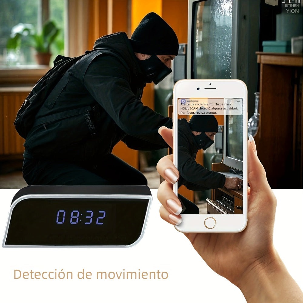 Cámara de reloj HD 1080P con gran angular de 110 grados y visión nocturna, grabación en bucle y funciones de alarma avanzadas. Cámara de reloj de escritorio WIFI6 con control por aplicación. Adecuada para monitoreo de seguridad interior en hogares, interi