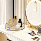 Bandeja redonda de cristal dorado con espejo y compartimentos de cristal - Bandeja de servir decorativa adecuada para tocador, estante de baño, expositor de perfumes, marco de espejo para encimera, almacenamiento de cómoda - Cristal elegante