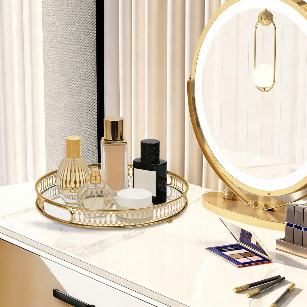 Bandeja redonda de cristal dorado con espejo y compartimentos de cristal - Bandeja de servir decorativa adecuada para tocador, estante de baño, expositor de perfumes, marco de espejo para encimera, almacenamiento de cómoda - Cristal elegante