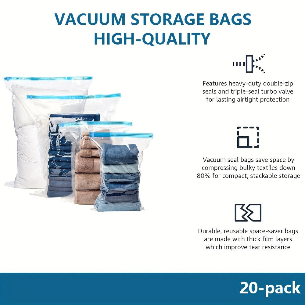 20 piezas de bolsas de almacenamiento de compresión al vacío con bomba manual, varios tamaños, transparentes, recipientes de almacenamiento de plástico sellados para ropa, mantas, camisas, organizador de ahorro de espacio para el hogar