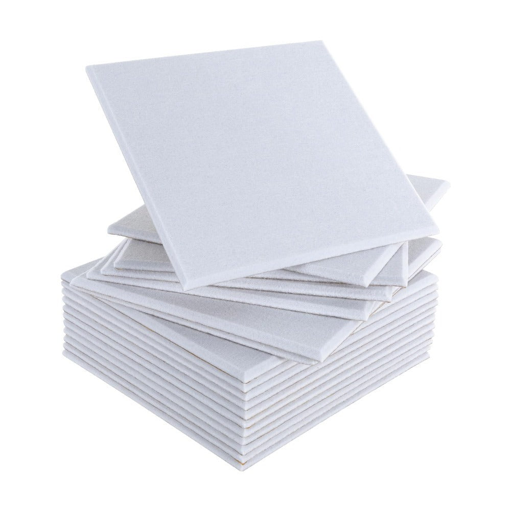 Paquete de 18 paneles acústicos cuadrados, aislamiento acústico autoadhesivo, absorbedor de sonido para pared, hechos de poliéster para aislamiento acústico, paneles acústicos para tratamiento acústico y decoración de pared, blanco, 30 X