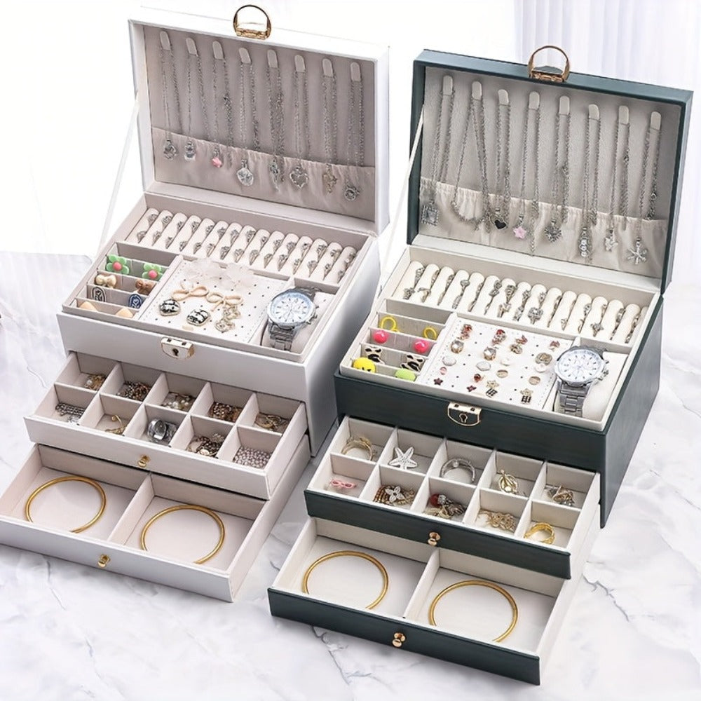 Joyero de tres capas de terciopelo y piel sintética, compacto y portátil para guardar aretes, anillos, collares y otros suministros para hacer joyas