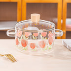 1 pieza de olla de vidrio con estampado de tulipán para sopa, 1500ml/50.7oz. Hecha de vidrio de borosilicato, adecuada para estufas de gas, estufas portátiles, estufas de cartucho, cerámicas eléctricas, no apta para cocinas por inducción, ollita pequeña c