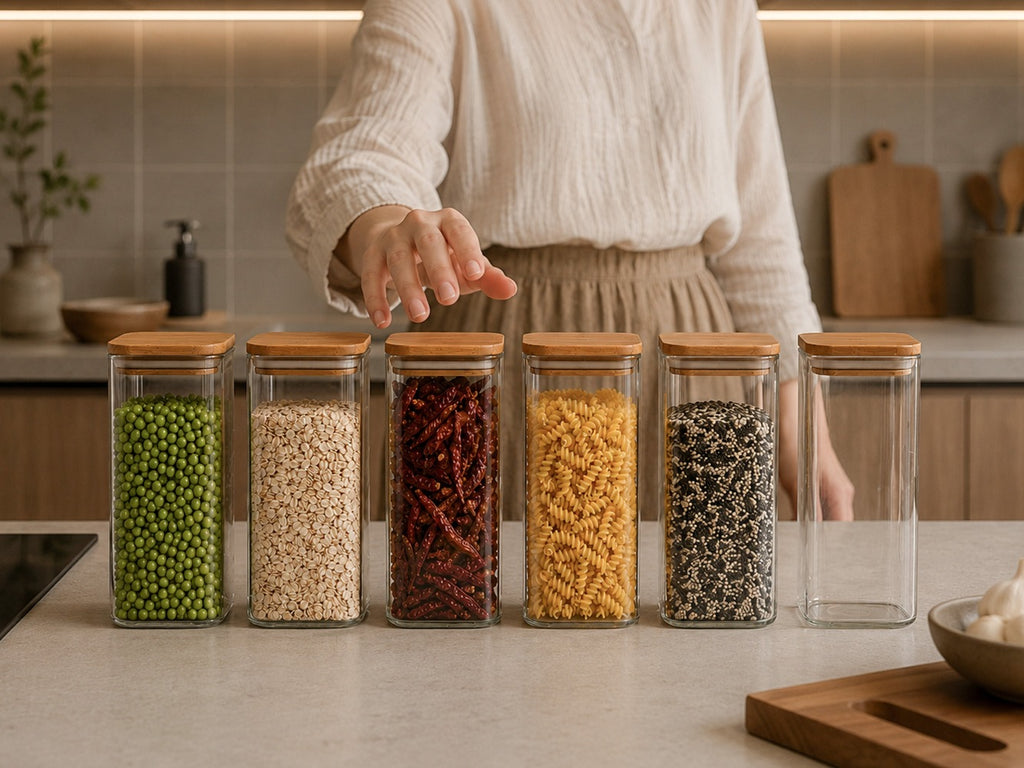 Set de recipientes grandes de vidrio para almacenamiento de alimentos, 4pza.s, 1000Ml | Tarros de cocina altos con tapa de bambú natural y sello de silicona | Contenedores de organización de cocina y despensa para productos secos, espagueti, arroz y cerea