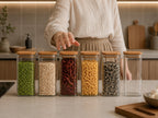 Set de recipientes grandes de vidrio para almacenamiento de alimentos, 4pza.s, 1000Ml | Tarros de cocina altos con tapa de bambú natural y sello de silicona | Contenedores de organización de cocina y despensa para productos secos, espagueti, arroz y cerea