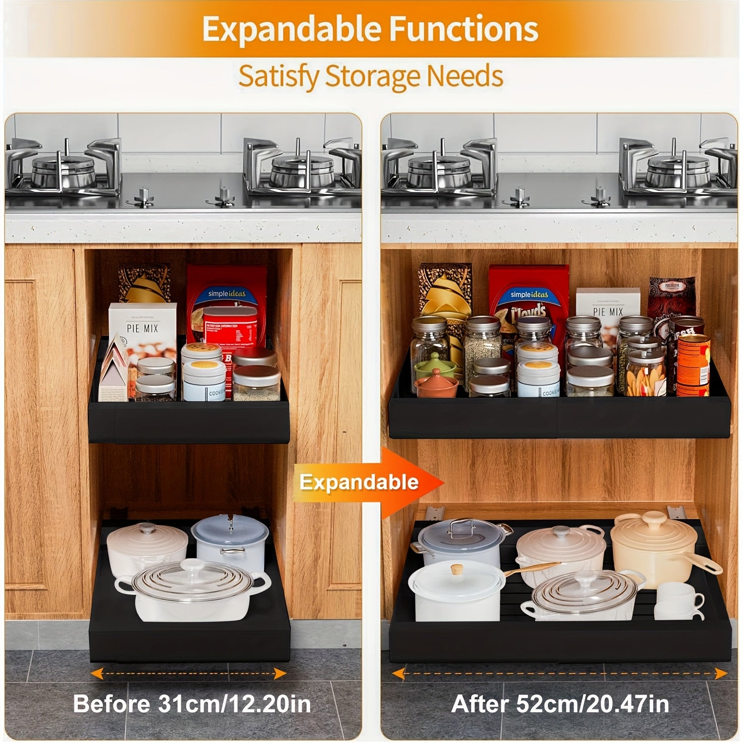 Organizador de Gabinete Extensible con Película Adhesiva, Ancho Ajustable 31cm a 52cm, Cajón Metálico Duradero para Cocina, Despensa y Baño, Mecanismo de Deslizamiento Suave, Fácil Instalación, Oferta Especial Devesanter HOT 2025 - Blanco y