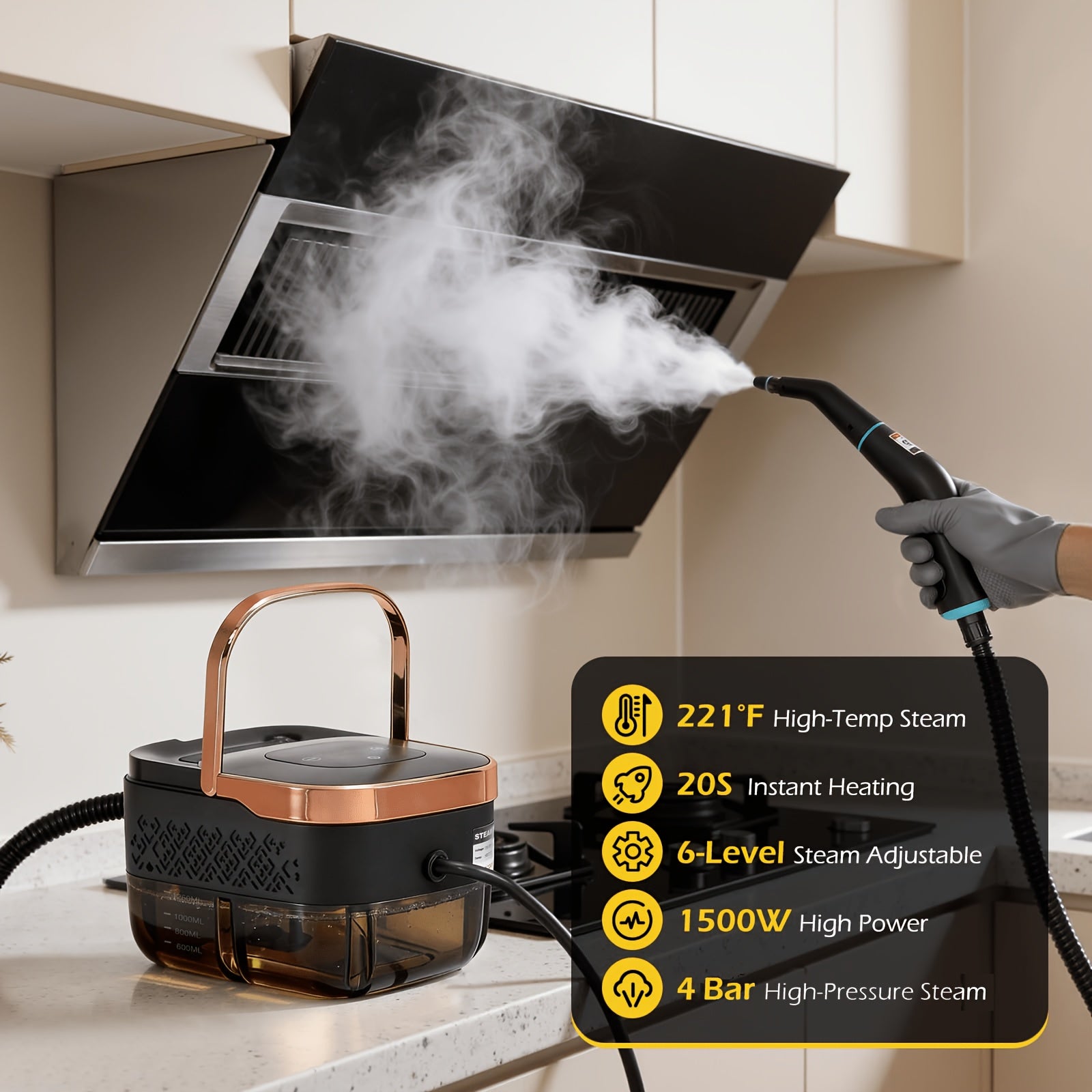 Limpiador de vapor de mano para el hogar, incluye múltiples cabezales de cepillo y 10 tipos de accesorios, depósito de agua de 1600 ml, el precalentamiento solo tarda 15 s, apto para el hogar, coche, cocina, baño, azulejos