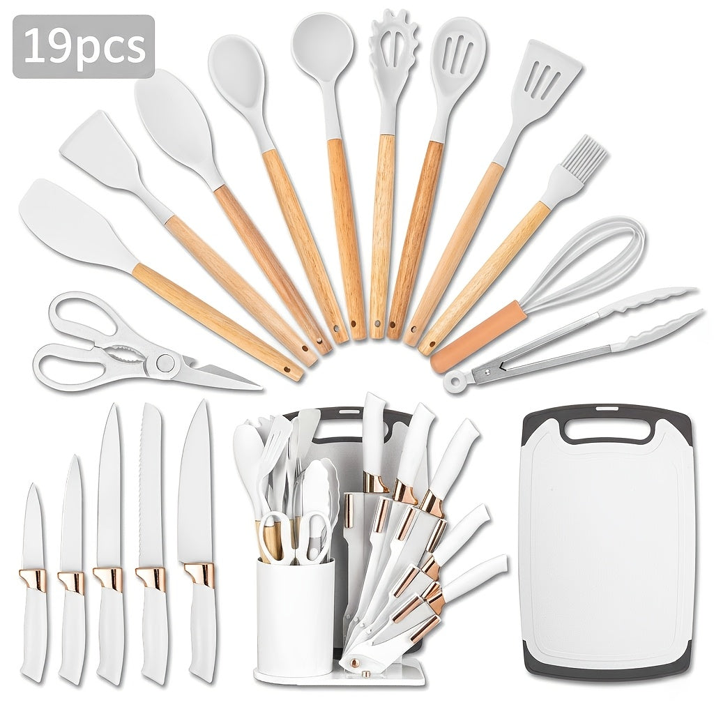 Juego de 19 Piezas de Cuchillos de Cocina con Bloque de Ventilación en Varios Colores. Incluye Cuchillo de Chef, Cuchillo de Carnicería, Cuchillo para Pan, Cuchillo Multiusos, Cuchillo para Frutas y Herramientas de Cocina. Hojas de Acero Inoxidable Premiu