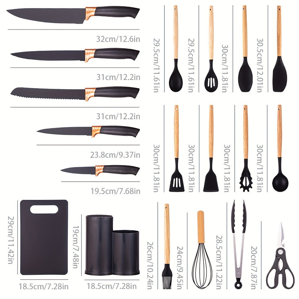 Juego de 19 piezas de cuchillos de cocina modernos y utensilios de cocina - Colección de hojas profesionales con mangos ergonómicos - Accesorios de cocina de alta calidad con soporte de almacenamiento - Herramientas de corte de espiga completa y esenciale