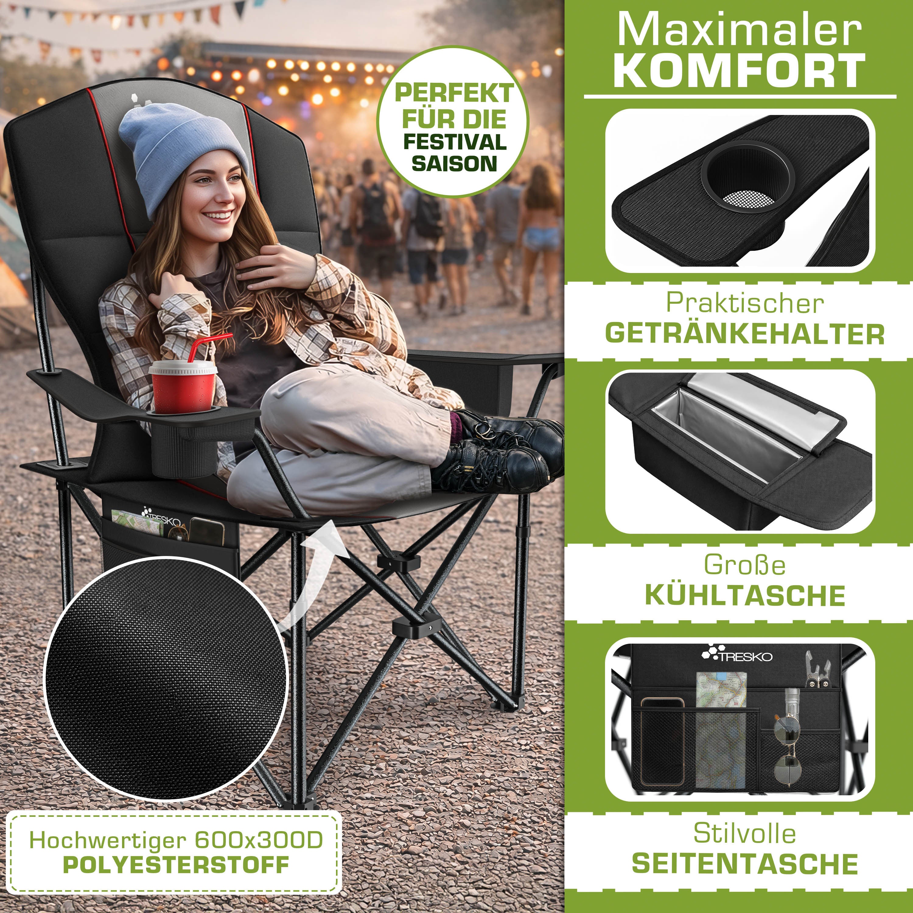TRESKO® Silla de Camping Plegable hasta 200Kg | Silla Plegable con Bolsa Nevera, Portavasos y Bolsillo Lateral | Silla XXL Plegable Incluye Bolsa de Transporte | Silla de Pesca Acolchada para Exterior, Pesca, Festival y Jardín