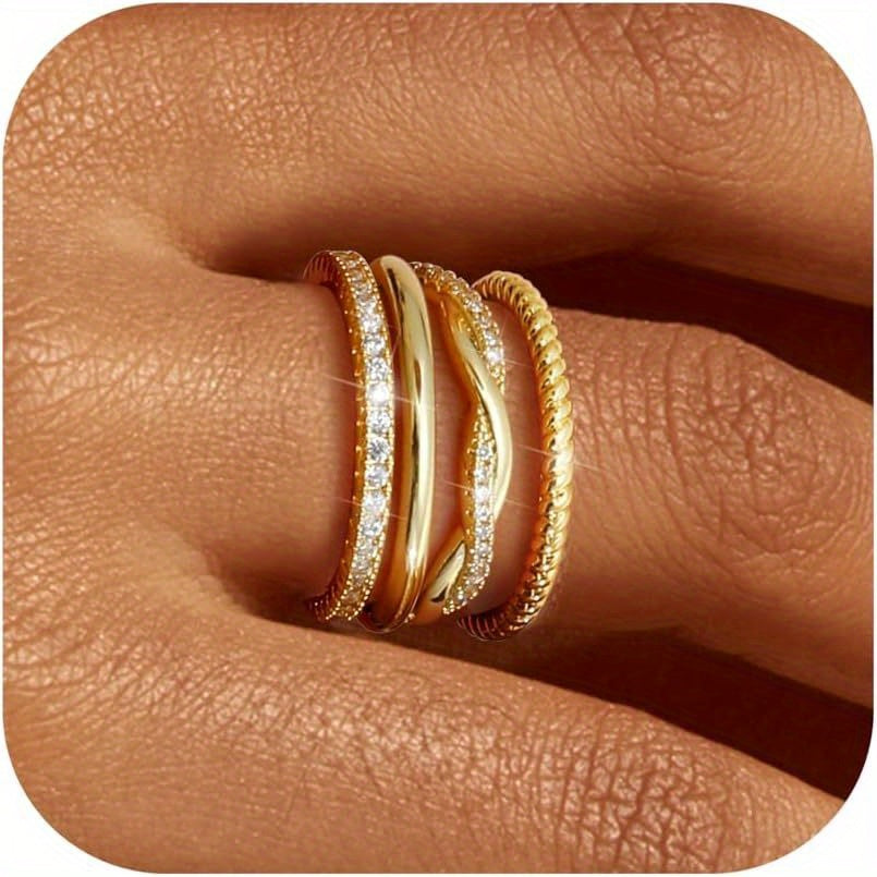 4 anillos dorados apilables para mujer, sin manchas, delicados, chapados en oro de 14 quilates, anillos finos apilables, juego de anillos para pulgar de circonita cúbica, anillos de compromiso de boda de declaración de moda, anillos de compromiso para muj