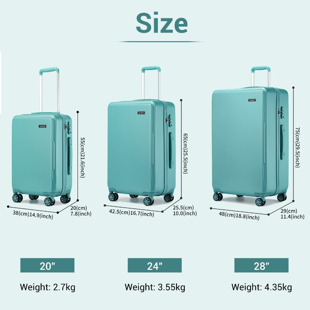 3 piezas de equipaje de cabina Kono de 20/24/28 pulgadas, equipaje de mano, pequeño, PC+ABS, carcasa dura, ligero, duradero, bolsa de viaje con ruedas dobles giratorias, cerradura de seguridad TSA