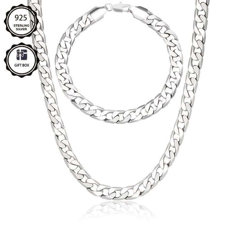 Juego de joyería plateado en plata de 925, collar de eslabones cubanos de 8 mm + juego de pulsera, joyería minimalista, regalo para el Día de San Valentín, Día de la Madre, Día del Padre, empaque en caja de regalo