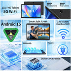 Tableta QDDQ Android 15 con teclado, 256 GB de almacenamiento, 26 (6+20) GB de RAM, expansión SD de 1 TB (sin tarjeta SD), tableta 2 en 1, tableta de 10.1 pulgadas con funda, ratón, lápiz óptico, IPS de 1280x800, inalámbrica 2.4G/5G, tableta WIFI, Tipo-C