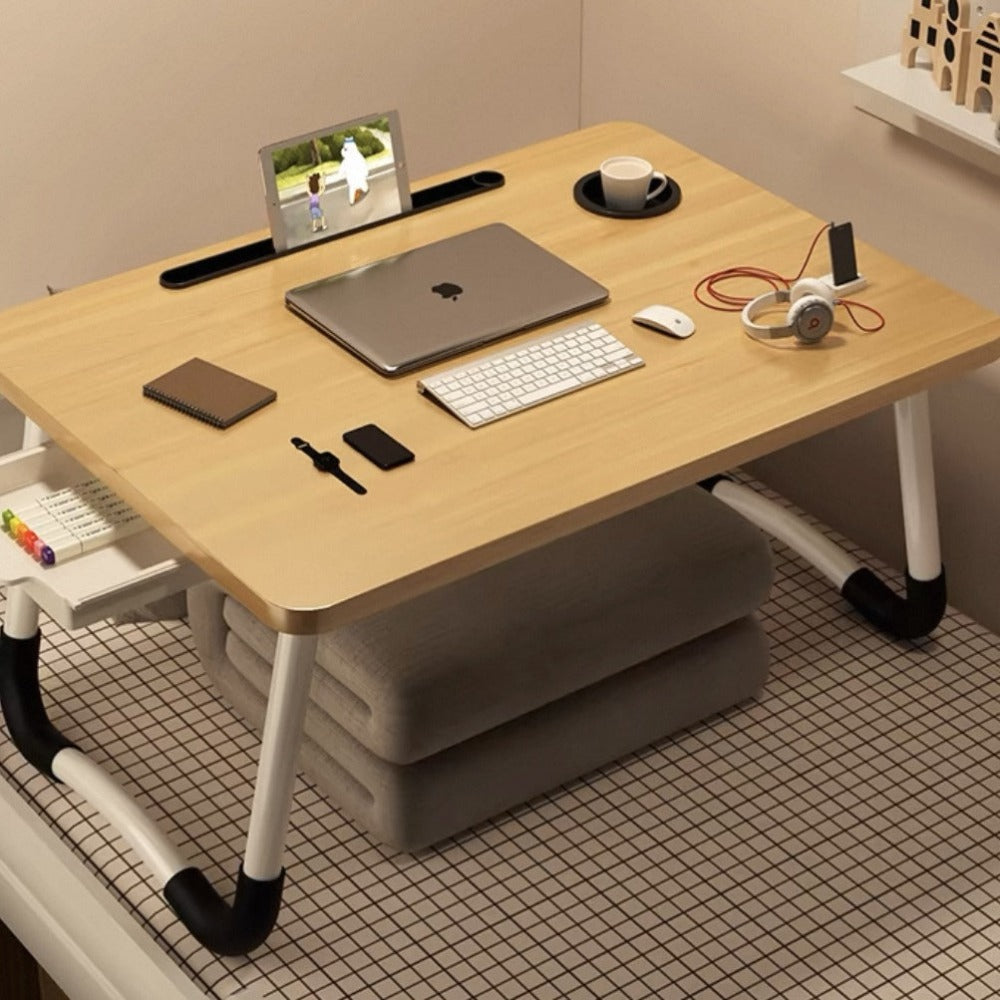 Mesa plegable multifunción para cama y sofá con portavasos, 60×40×28 cm, mesa auxiliar con atril para leer en la cama, bandeja multifunción para ordenador, libros, trabajo y estudio en casa (con cajón / sin cajón)