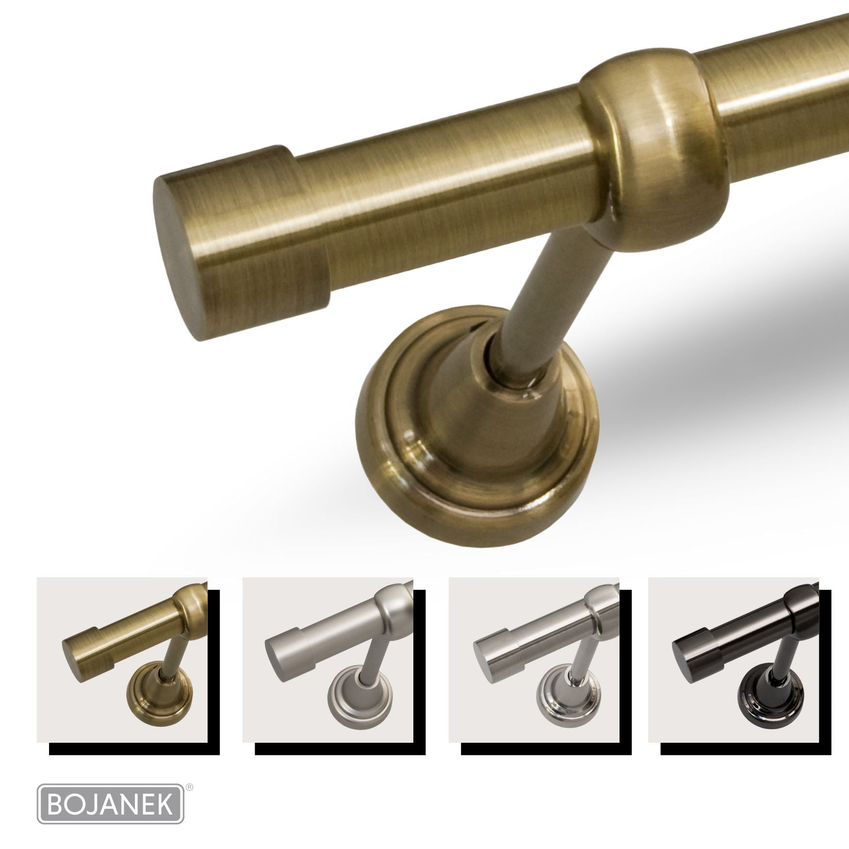 Barra de Cortina de Metal Montada en la Pared para Cortinas y Visillos – BOJANEK – 4 Colores, 8 Longitudes (120 - 600 cm) – Barra de Cortina Robusta, Ajustable y Duradera para Sala, Dormitorio, Cocina, Baño, Oficina; Barra de Cortina Perfecta para Interio