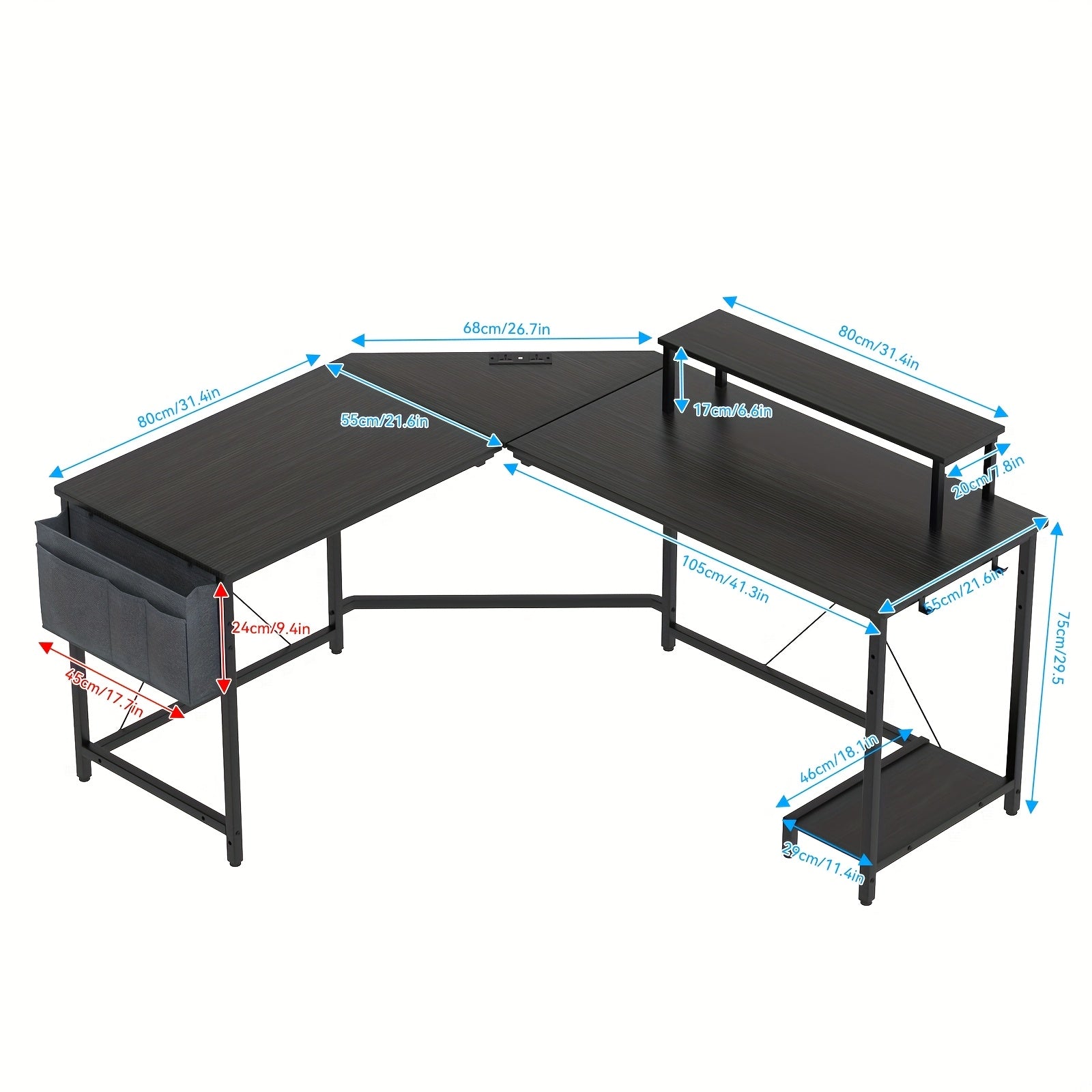 Escritorios | Mesa de ordenador para juegos en la esquina, mesa para jugadores de 135 cm x 55 x 74 cm en forma de L con soporte para pantalla