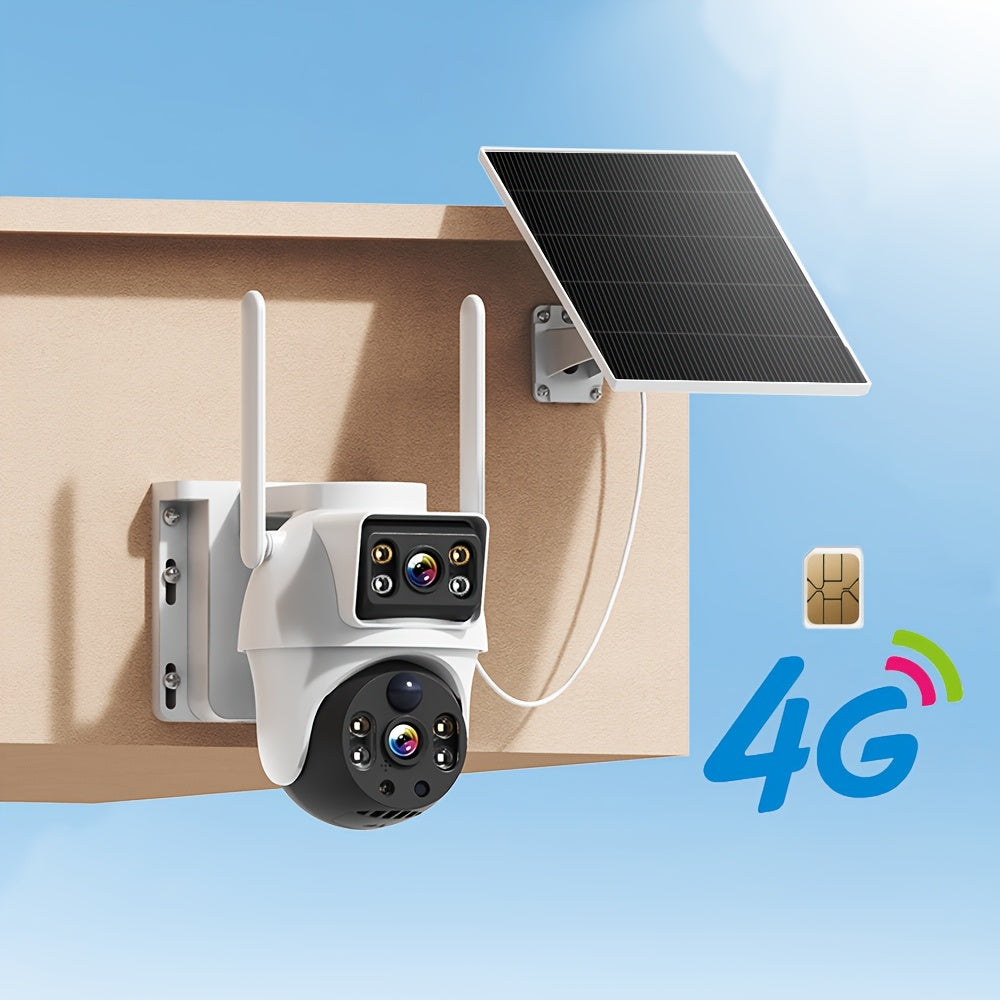Cámara de doble lente 4G 8MP para exteriores con energía solar, detección humana PIR, detección de movimiento, audio bidireccional, visión nocturna a todo color, notificación de alarma, compartición multiusuario, tarjeta SIM incorporada, para seguridad en
