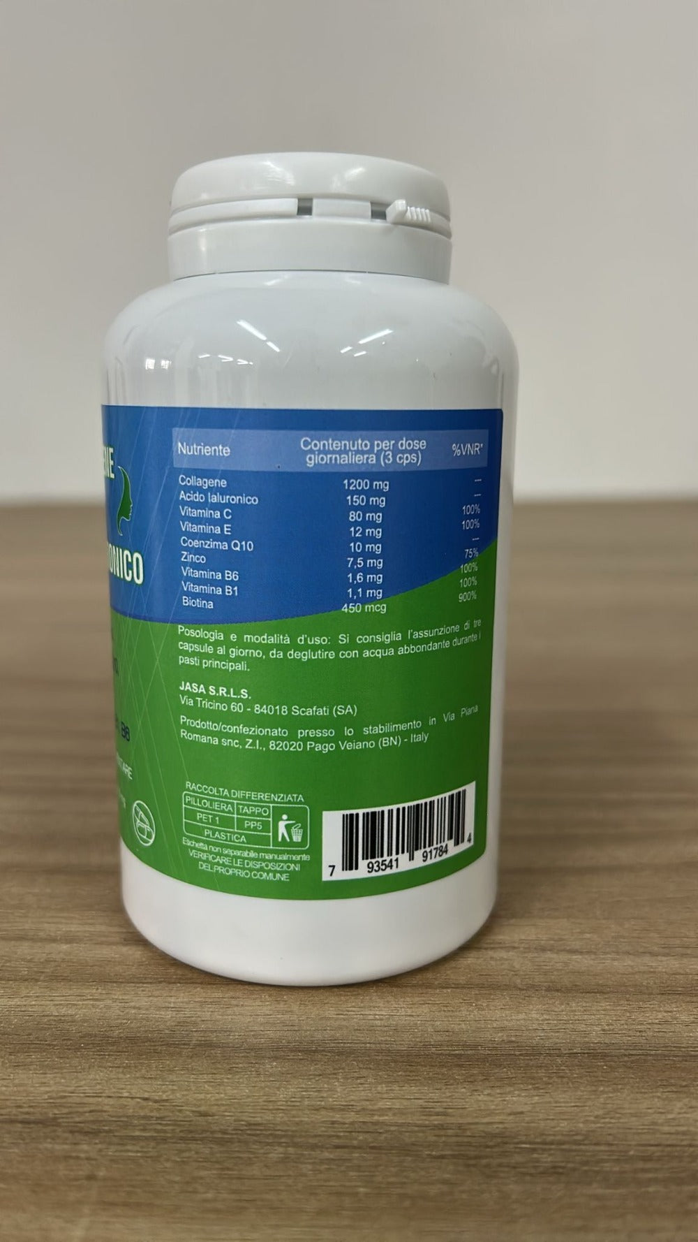 Suplemento de colágeno y ácido hialurónico, 180 cápsulas, con biotina, coenzima Q10, zinc, vitamina C, vitamina E, vitamina B1 y B6 - Hecho en Italia