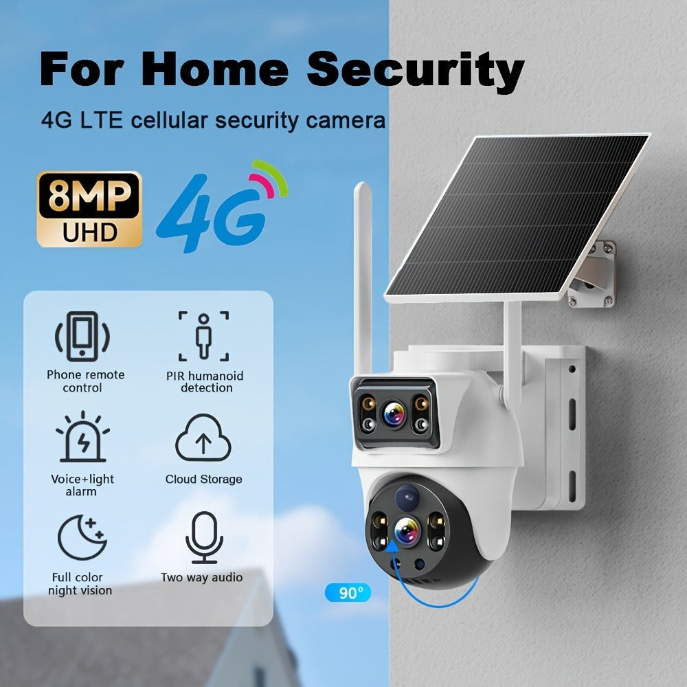 Cámara de seguridad inteligente solar de doble lente 4G para exterior con 8MP, detección de movimiento, audio bidireccional, visión nocturna a todo color, notificaciones de alarma, equipada con tarjeta SIM