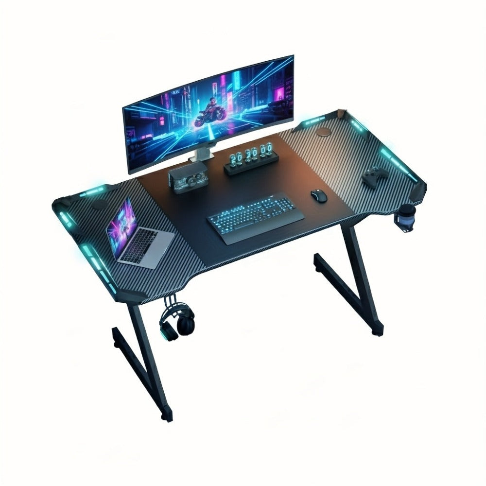 Escritorio de Oficina con Iluminación LED, 100 cm de Tamaño Extra Grande con Revestimiento de Fibra de Carbono, Escritorio para Hogar/Oficina y Gaming, con Portavasos y Soporte para Auriculares, , con Organizador de Cables, Ideal para Trabajadores Remotos