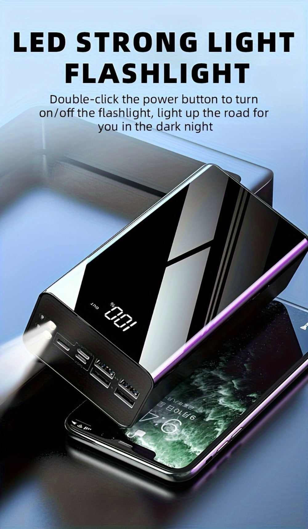 Cargador USB rápido de 50000 mAh de capacidad extragrande con pantalla LED, linterna y reserva de energía de emergencia - Luz de camping para exteriores para iPhone, Android y dispositivos digitales, regalo de festividades