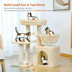 Árbol para Gatos Pequeños de Pawz Road para Interiores - Centro de Actividades Convertible 2-en-1 con Postes Rascadores, Hamaca de Peluche y Percha Superior Desmontable, Diseño Robusto Ahorrador de Espacio para Gatitos, Gris y Beige, Árbol Lindo para Gato