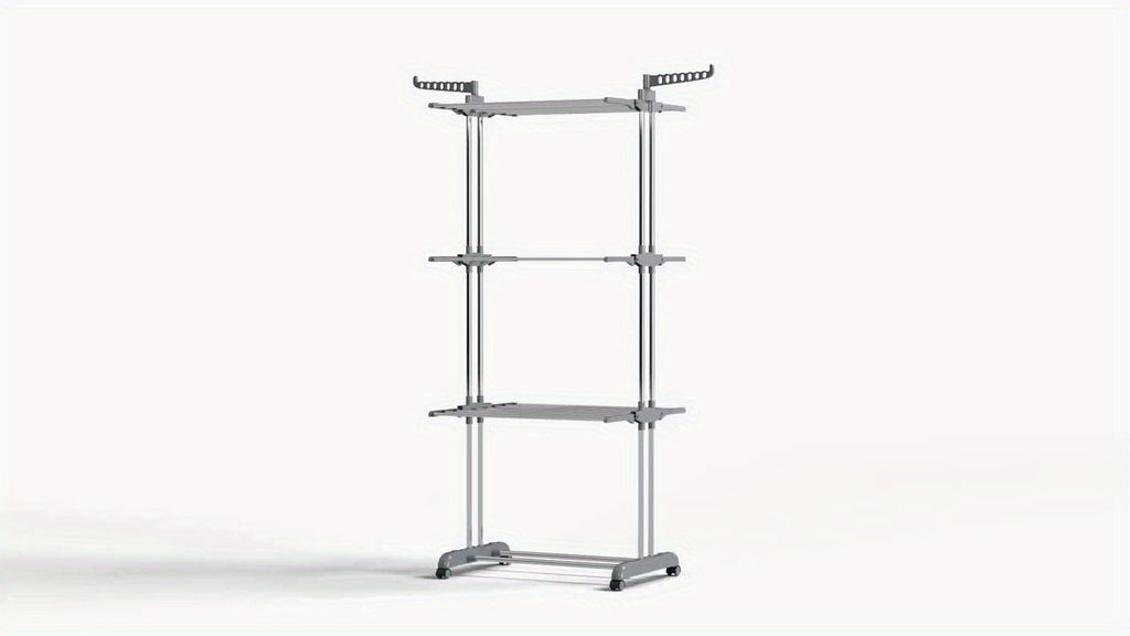 Torre secadora de ropa plegable, torre de metal resistente para lavandería con ruedas, 3 niveles de metal con 6 alas plegables y 2 paneles giratorios, diseño que ahorra espacio, construcción robusta, apta para uso en exteriores e interiores, tendederos