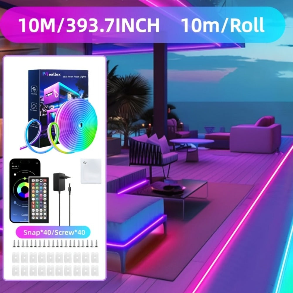 Tira de luz LED neón flexible multicolor inteligente de 5M/10M/15M/20M/30M - Tira LED RGB con APP y control remoto, sincronización de música, luces de cuerda flexibles para dormitorio, fiesta, decoración, uso en interiores y exteriores