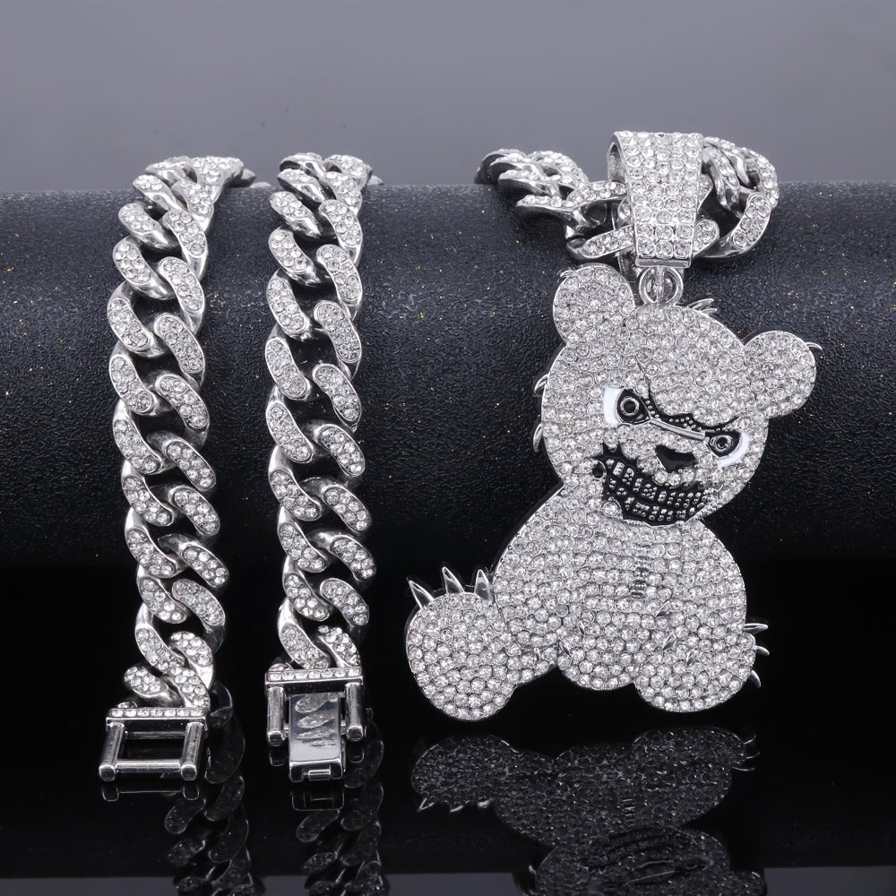 1pc Colgante de Oso Teddy Dominante y Fresco, Acompañado de Collar Cubano de Zirconia Cúbica Sintética de 50cm, Uso Diario Urbano, Joyería Hip-hop, Accesorios para Fiestas, Adecuado para Hombres y Mujeres en Uso Diario y como Regalo