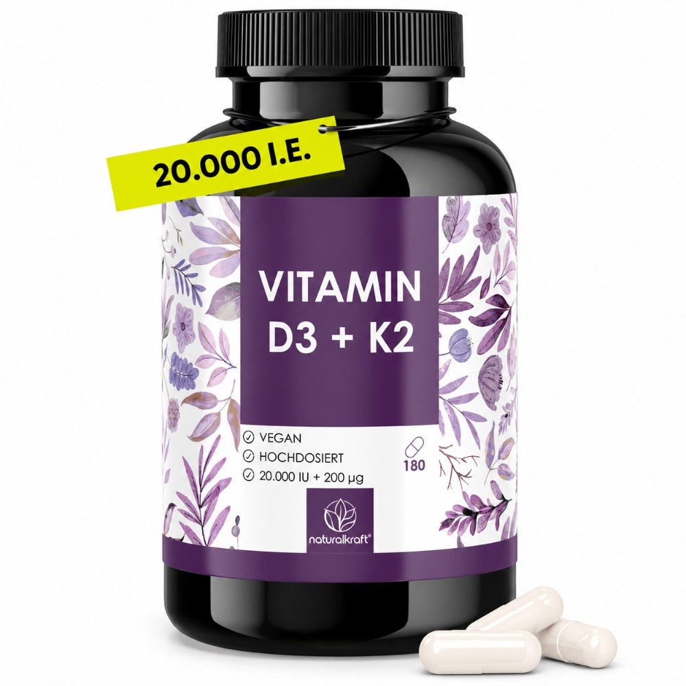 NATURALKRAFT® Vitamina D3 + K2 Premium, 20,000 UI + 200 mcg, Depot (180 Cápsulas, Dosis Alta y Vegana) – Calidad de Marca Alemana