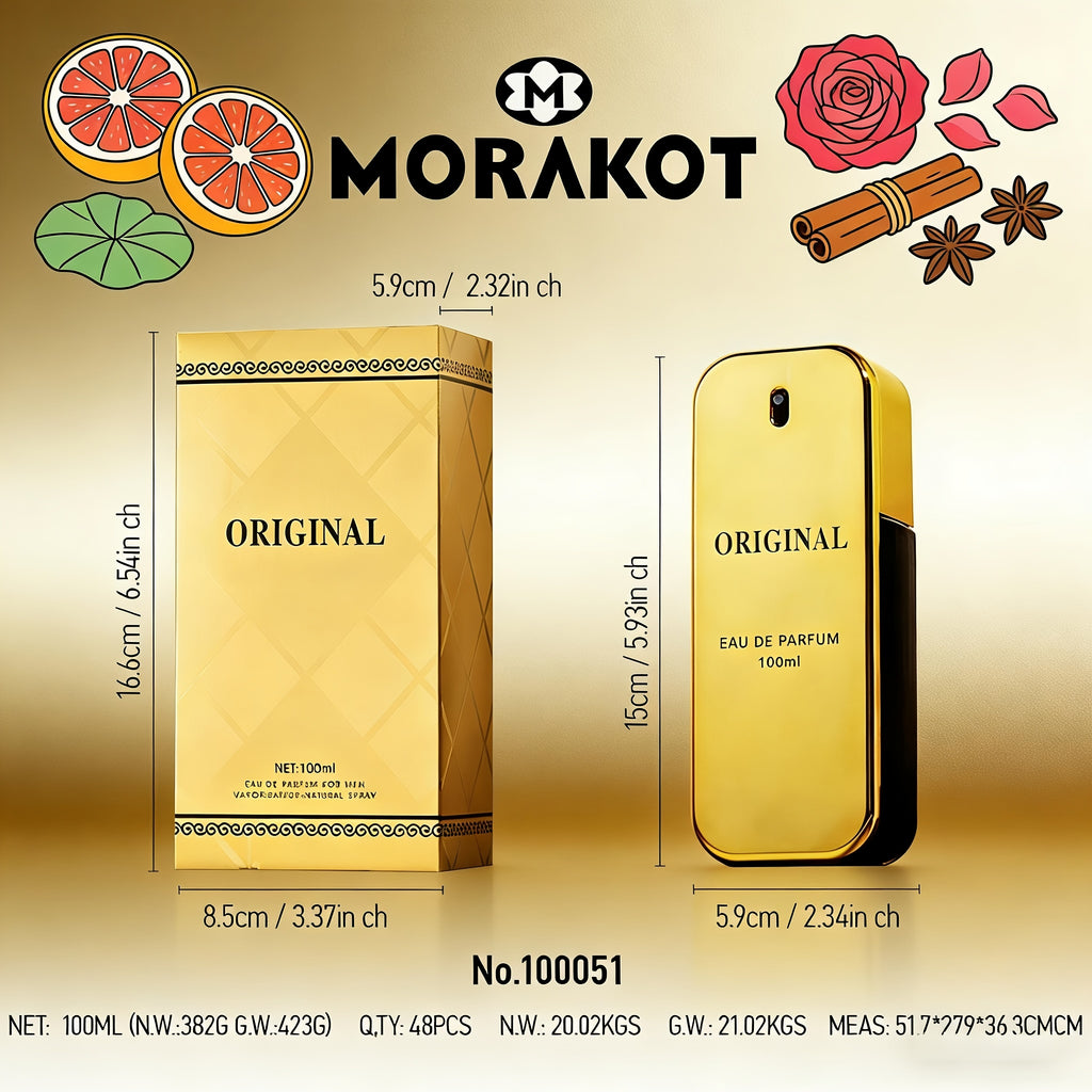 100ml (3.38fl.oz) MORAKOT ORIGINAL Eau De Parfum para Hombres | Empaque Texturizado Dorado | Toronja Sanguina + Rosa Canela + Madera Blanca, Rico y Profundo | Perfecto para Regalos de Temporada | Ideal para Uso Personal o como Regalo