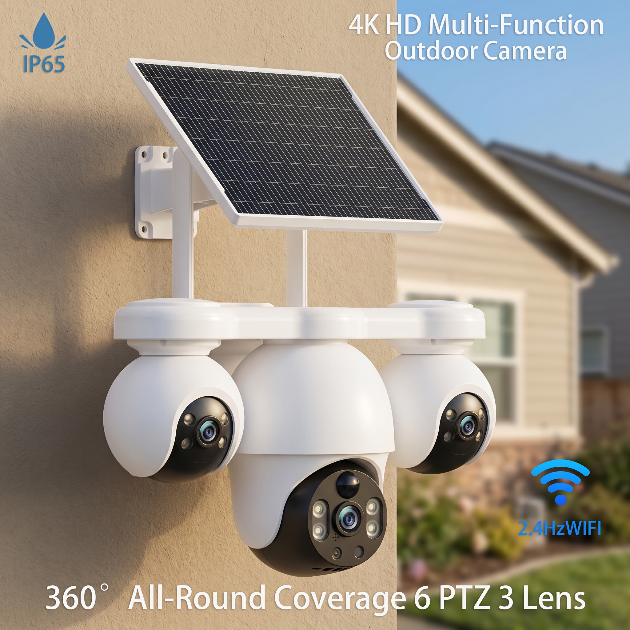 Cámara Solar Exterior V380MAX de Tres Lentes y Tres Ángulos, Cámara de Seguridad Inteligente Solar, Conexión WiFi Inalámbrica, Adecuada para Hogar, Tienda y Exteriores, Visión Nocturna en Color Ultra HD, Detección de Movimiento, Voz Bidireccional, Rotació