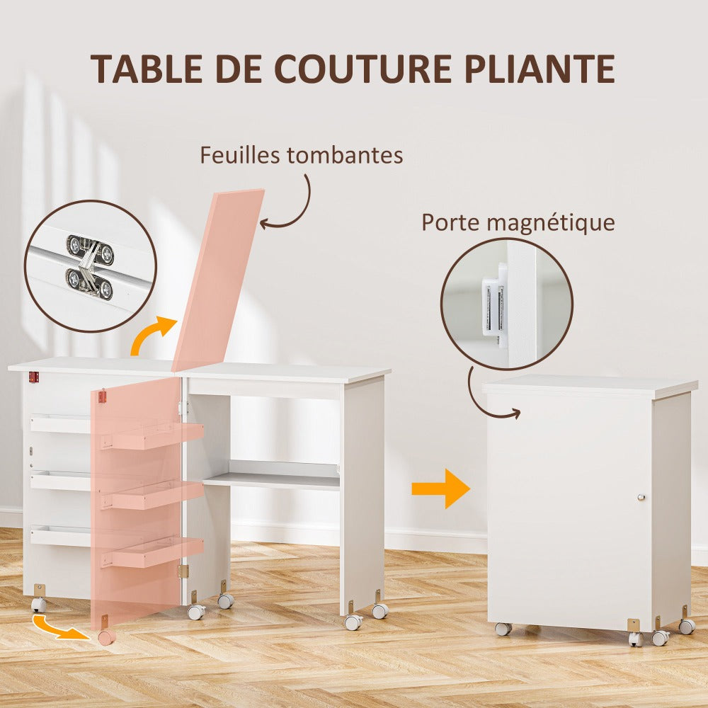 Mesa de costura plegable HOMCOM con tablón abatible, contenedores de almacenamiento, estante abierto y ruedas, gabinete para máquina de coser para sala de estar, oficina, estudio, dimensiones 118 x 40 x 79.5 cm, blanca