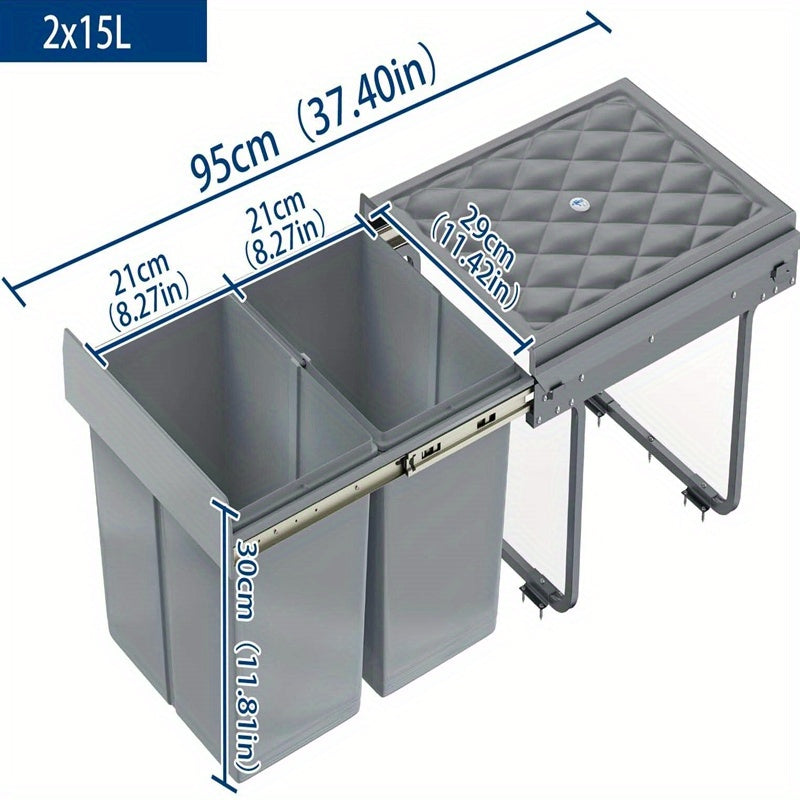 Cubo de Basura Empotrado Debajo del Gabinete, Contenedor de Residuos de Cocina, Recogedor de Basura Extensible, Sistema de Separación de Residuos con Rieles Telescópicos, Gris